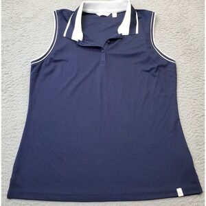 Lady Hagen Polo‎ Shirt Womens Medium Navy Sleeveless Collared Ribbed Trim Slit